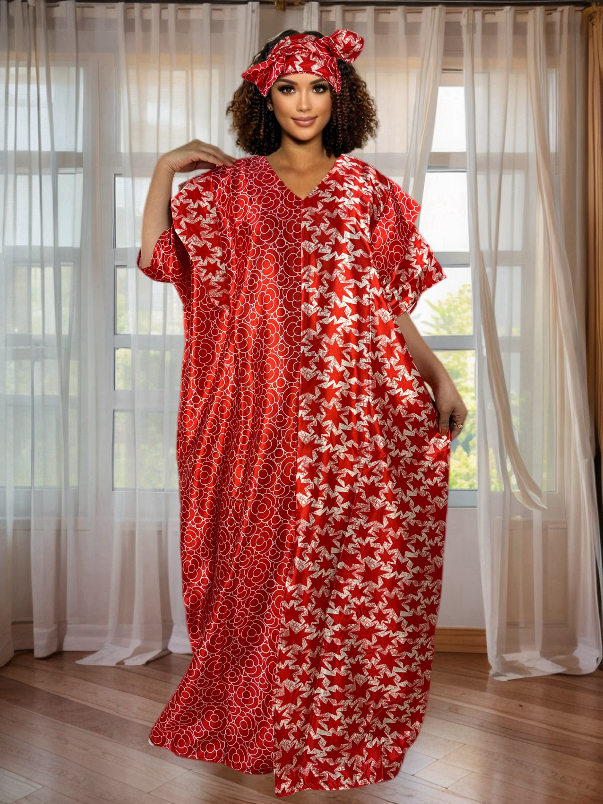 Elegant Print Round Neck Kaftan African Cultural Short Sleeve Comfortable Fit Dashiki Dress