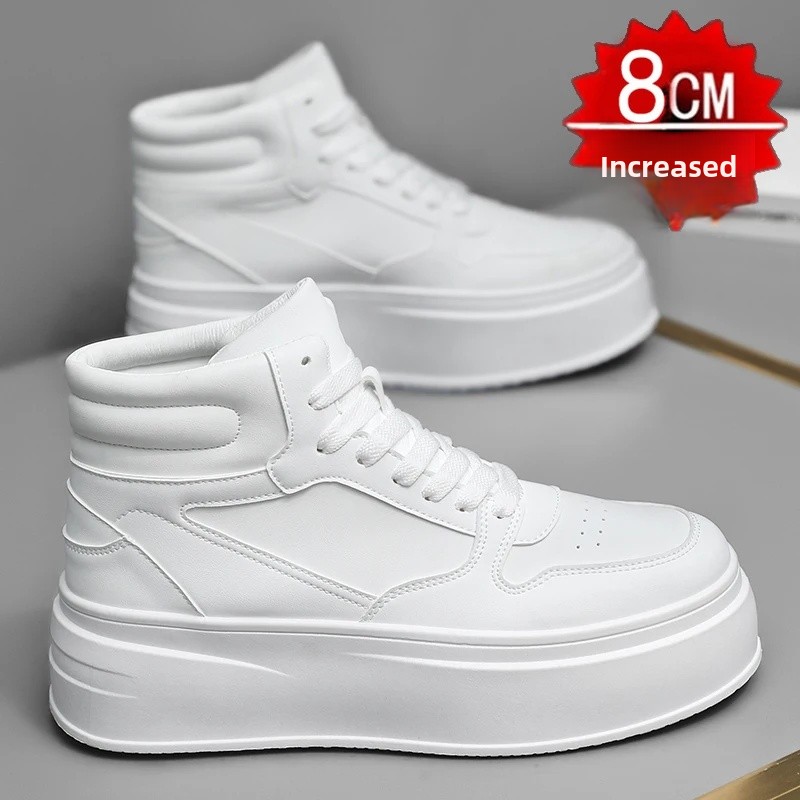 New Autumn/Winter Men's Casual Sneakers 12cm Increased Height 10cm Thick Sole White Shoes High Top Rubber Base Male Footwear