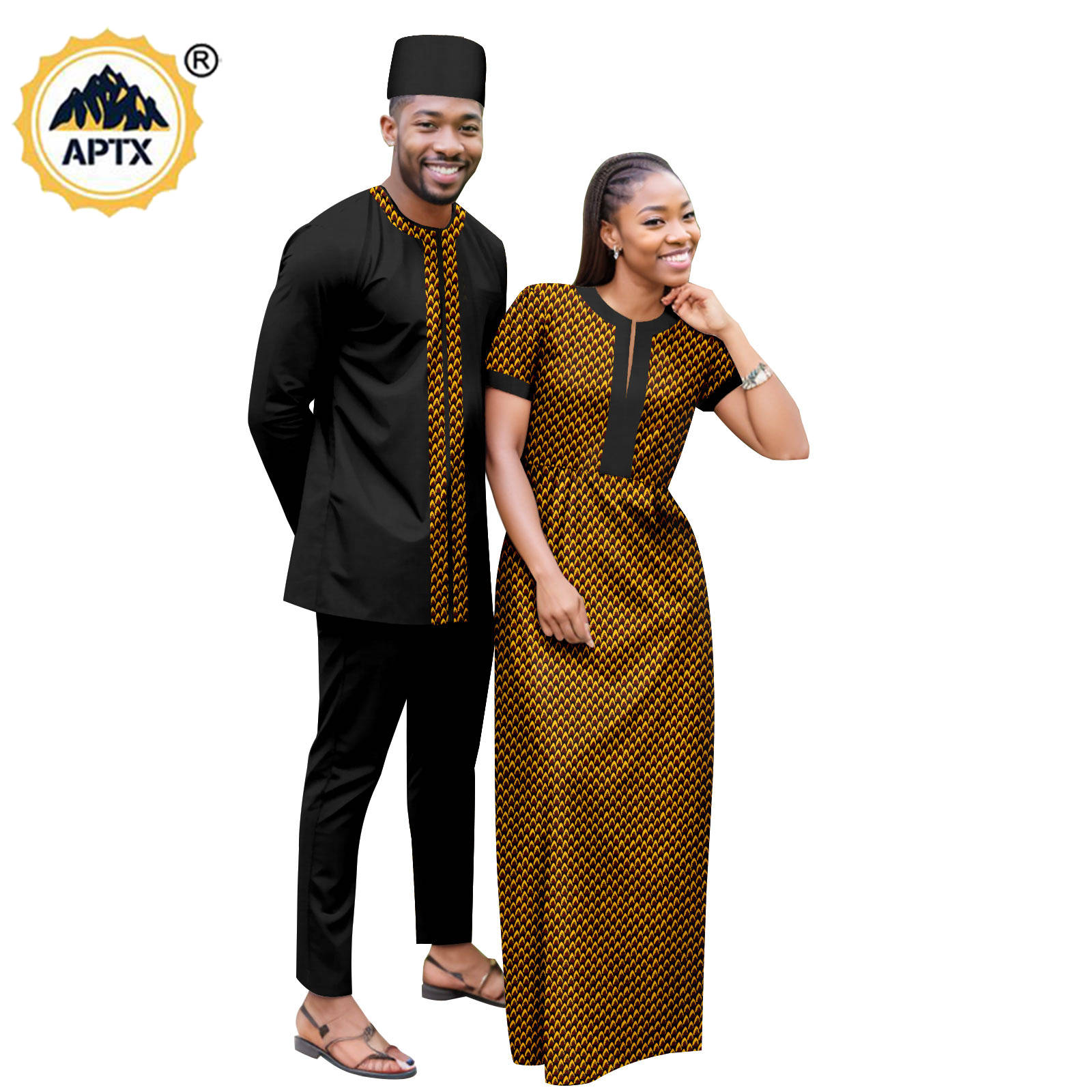Dashiki African Clothes Print Long Dresses for Women Matching Couple Outfits Bazin Riche Men Hat Top Tee and Pant Sets Y23C119