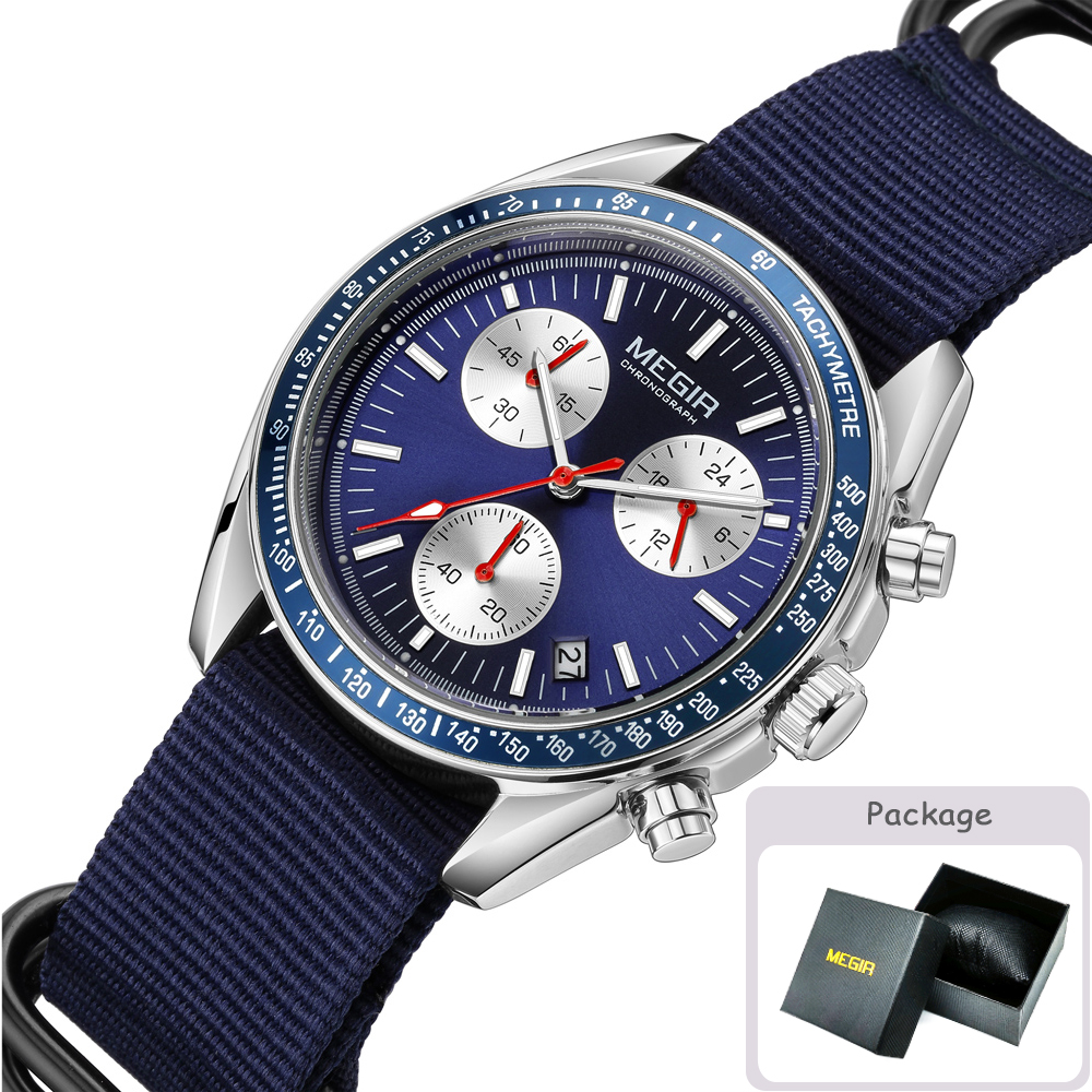 MEGIR New Luxury Men's Watches Canvas Weaving Strap Sport Automatic Chronograph Quartz Waterproof Wristwatch for Male 2247