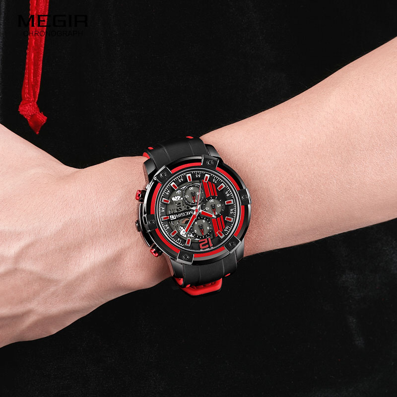 Megir Men's Sports Quartz Watches Army Military Chronograph Wristwatch for Man Luminous Relogios Masculino Clock  2097 Black Red