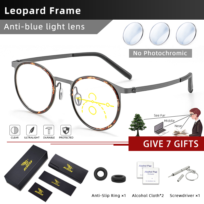 BLMUSA Vintage Round Optical Frame Anti Blue Light Reading Glasses for Men Ultralight Titanium Progressive Photochromic Glasses