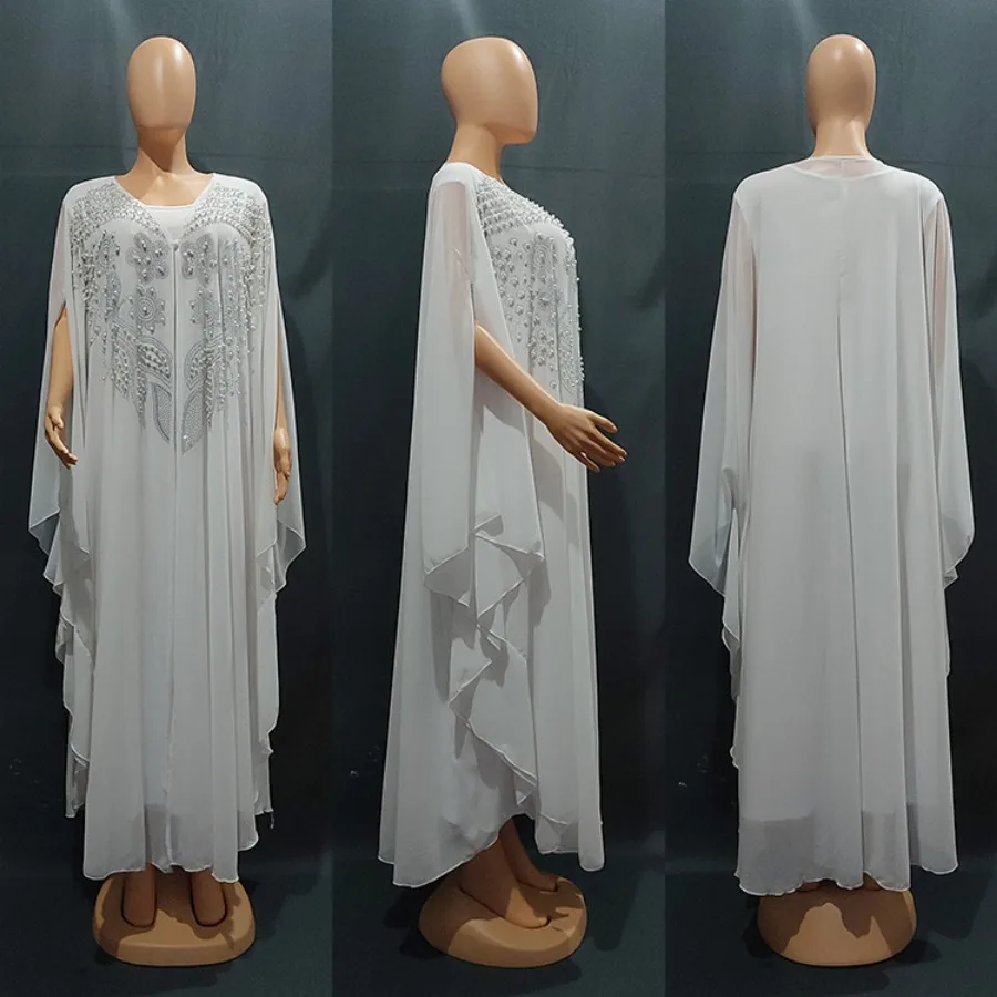 Customized CustomizedNew African Dashiki Women's Fashion Abaya Stylish Chiffon Fabrics Hot Drilling Loose Long Dress Free Size +