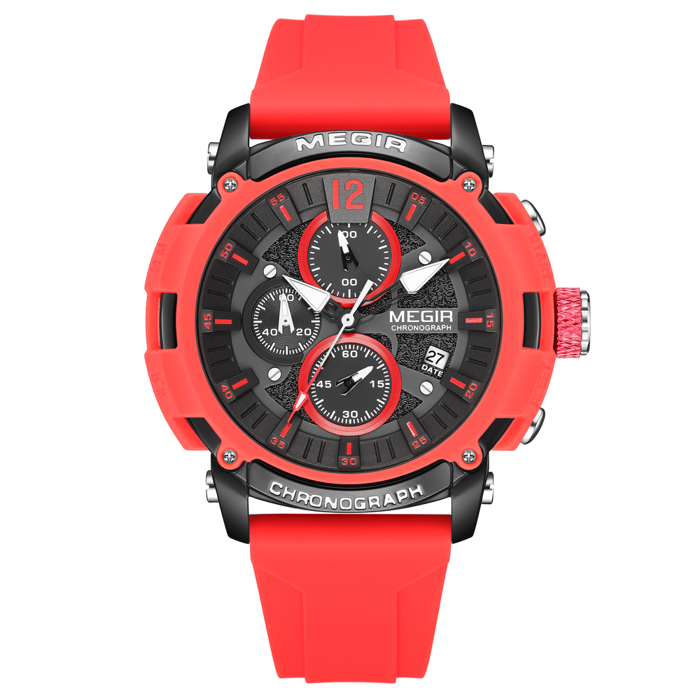 Megir Men's Chronograph Analog Quartz Watch for Men with Date Luminous Hands Orange Silicone Strap Waterproof Wristswatch Male