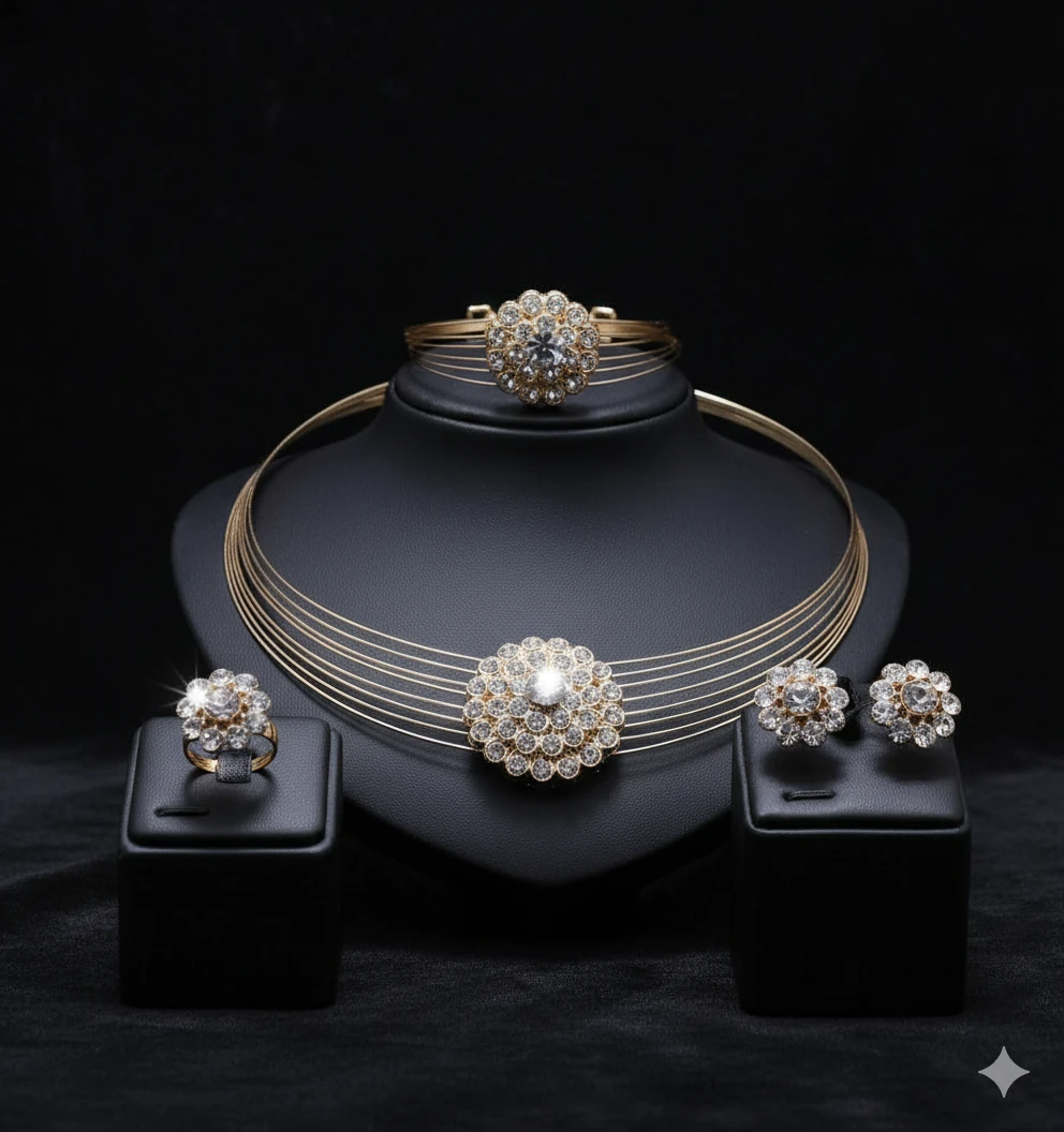 Golden Multi-Strand Choker & Crystal Flower Medallion Jewelry Set