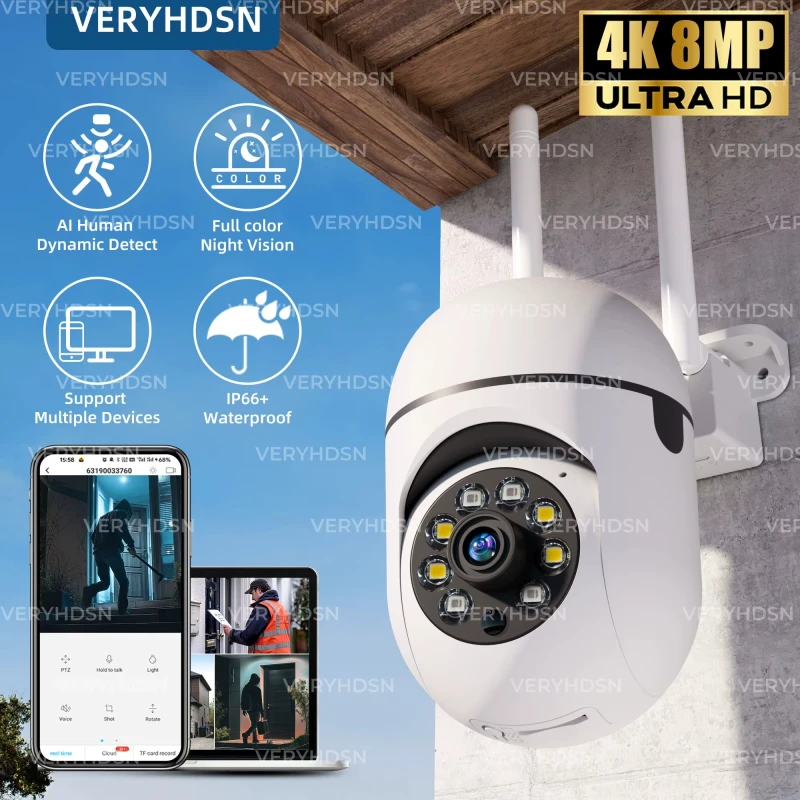 8MP Wireless PTZ Security Camera – WiFi Outdoor IP Camera with 4X Zoom, AI Human Tracking, Two-Way Audio & Full-Color Night Vision