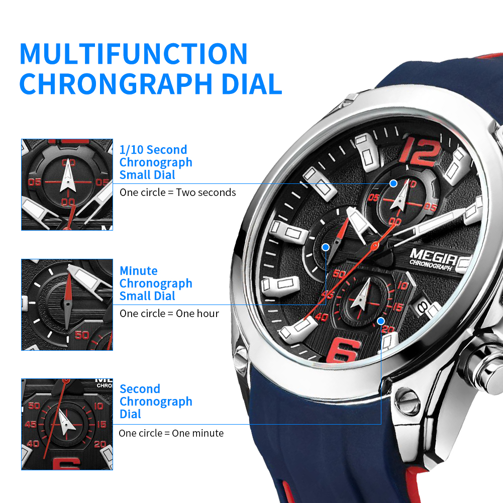 MEGIR Men's Sport Watch Silicone Strap Chronograph Quartz Military Waterproof Wristwatches Relogio Masculino Man Clock 2063