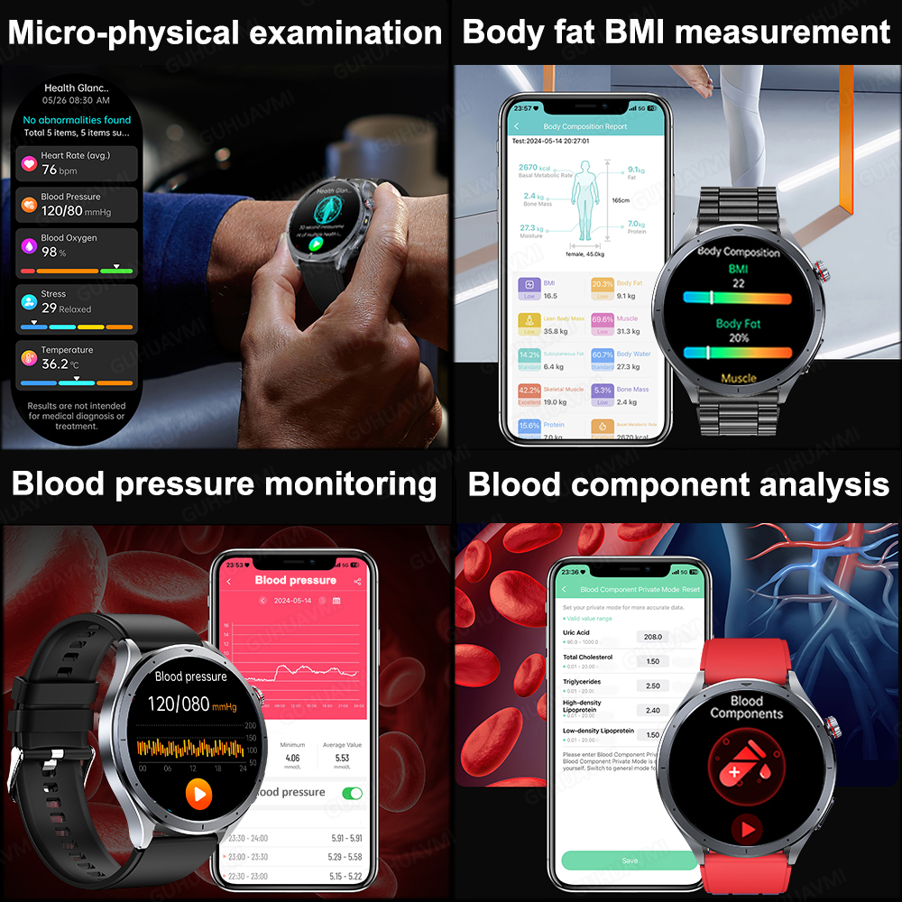 2025 New Body Fat Analysis Health Smart Watch ECG+PPG Uric Acid Blood Pressure Blood Oxygen Clock Call Smart Watch For Men Women