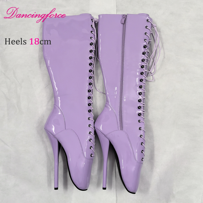 Dancingforce Stiletto Black Patent 18cm Sexy Fetish Ballet Shoes Extreme High Heel Women Knee High Ballet Boots Lace Up