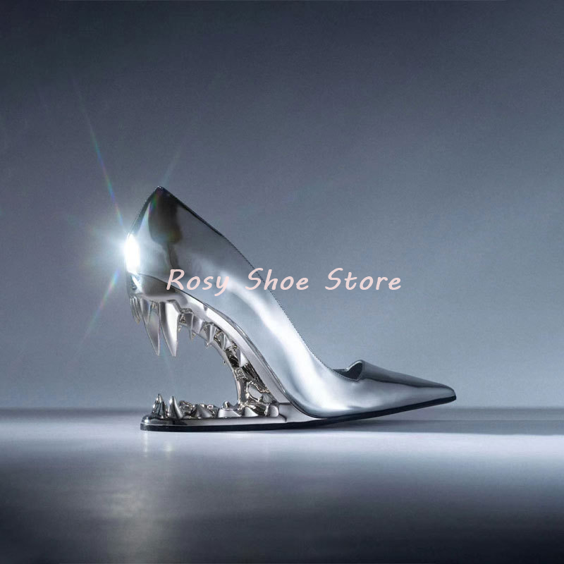 Women's Glossy Patent Leather Strange Style Heel Pumps Pointed Toe Slip On High Heel Street Weird Style Catwalk Shoes
