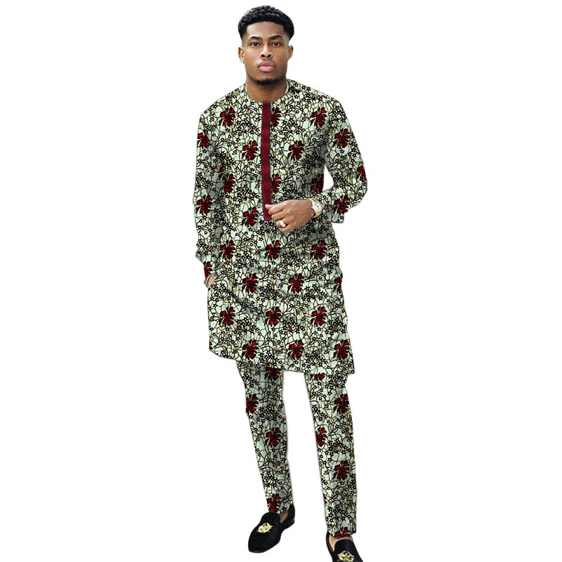 Nigerian Print Men Clothes Set Dashiki Shirts With Trousers Male Pant Suits Traditional Style African Pattern Wedding Wear