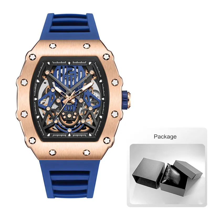 MEGIR 341 Fashionable Wine Barrel Type Men Automatic Mechanical Watch Hollow Sports Silicone Strap Waterproof Watches for Man