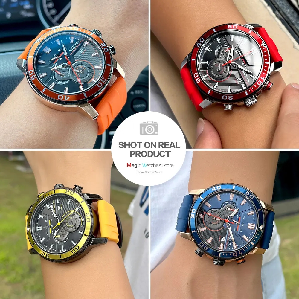 MEGIR 2224 Men Quartz Watch Sport Fashion Creative Cool Orange Silicone Strap Chronograph Luminous Date Wristwatch for Male