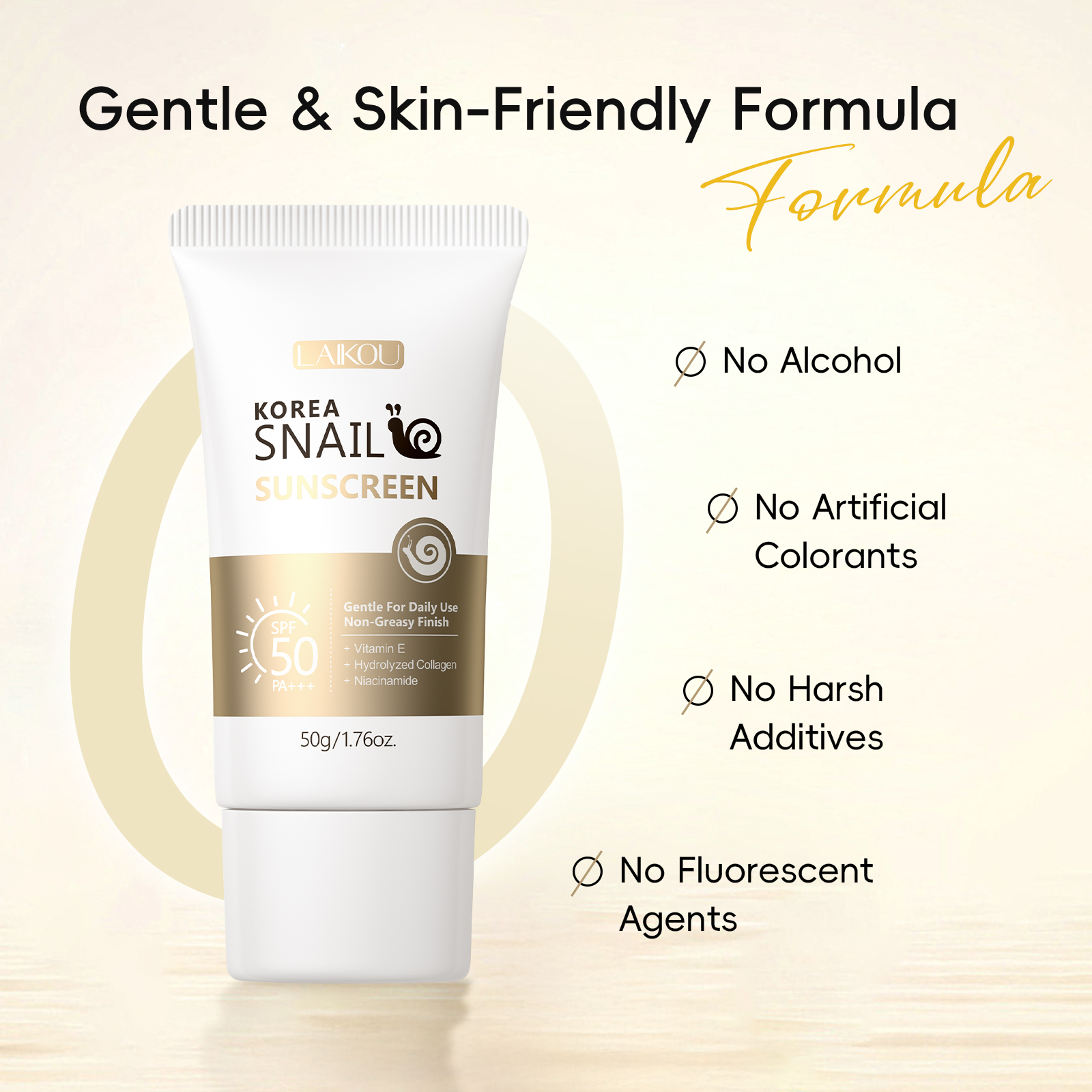 LAIKOU Snail Sunscreen SPF50 PA+++ Moisturizing Age Defense Korean Beauty Product 50g