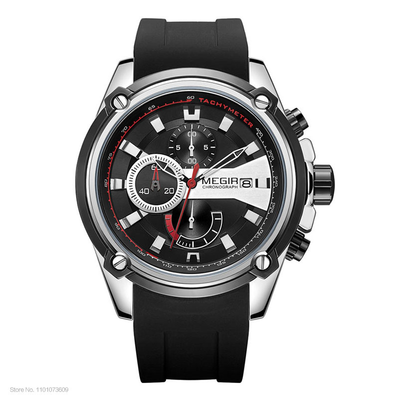 MEGIR Silicone Strap Sports Watches for Man Chronograph Waterproof Relogios Masculino Man's Wristwatch Clock 2086 Silver Black