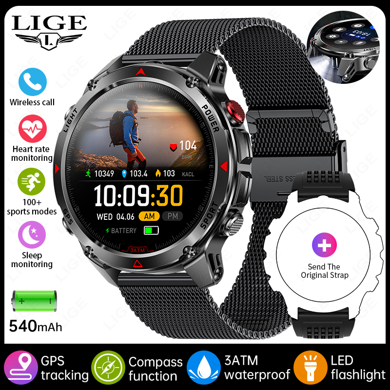 LIGE 2025 New Professional GPS Track Sports Smartwatch Outdoor RIDE Run Compass Altimeter 3ATM Fitness Bracelets 540mAh Watches