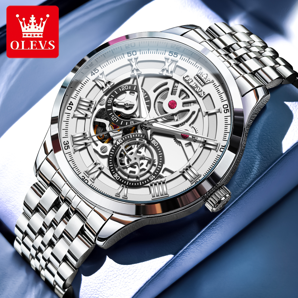 OLEVS Original Skeleton Mechanical Roman Numeral Watch Automatic Luxury Watch Stainless Steel Watches For Men Waterproof 7076