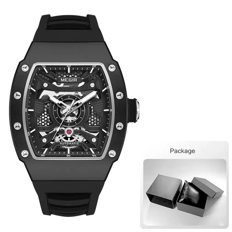 MEGIR 8604 Men's Wine Barrel Automatic Mechanical Watch Fashion and Leisure Silicone Strap Fashion Night Light Watches for Man