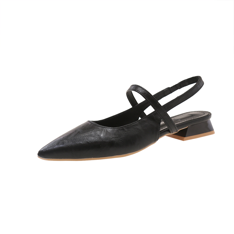 New Women Baotou Patent Leather One Line Buckle Strap Cat Heel Sandals Female Sexy Black Silk Pointed Thin Heel Flat Shoes