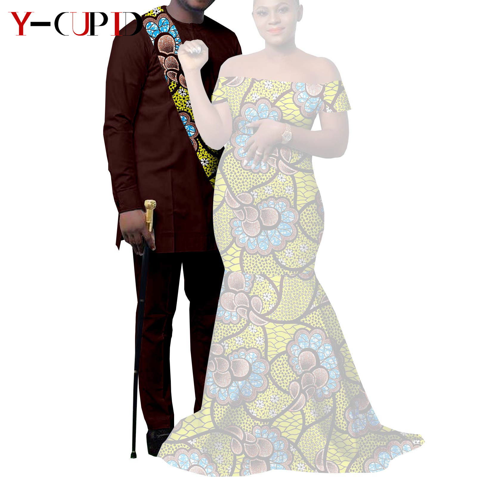 African Clothes for Couples Bazin African Print Long Dresses for Women Match Men Outfits Dashiki Top and Pants Sets Y22C023