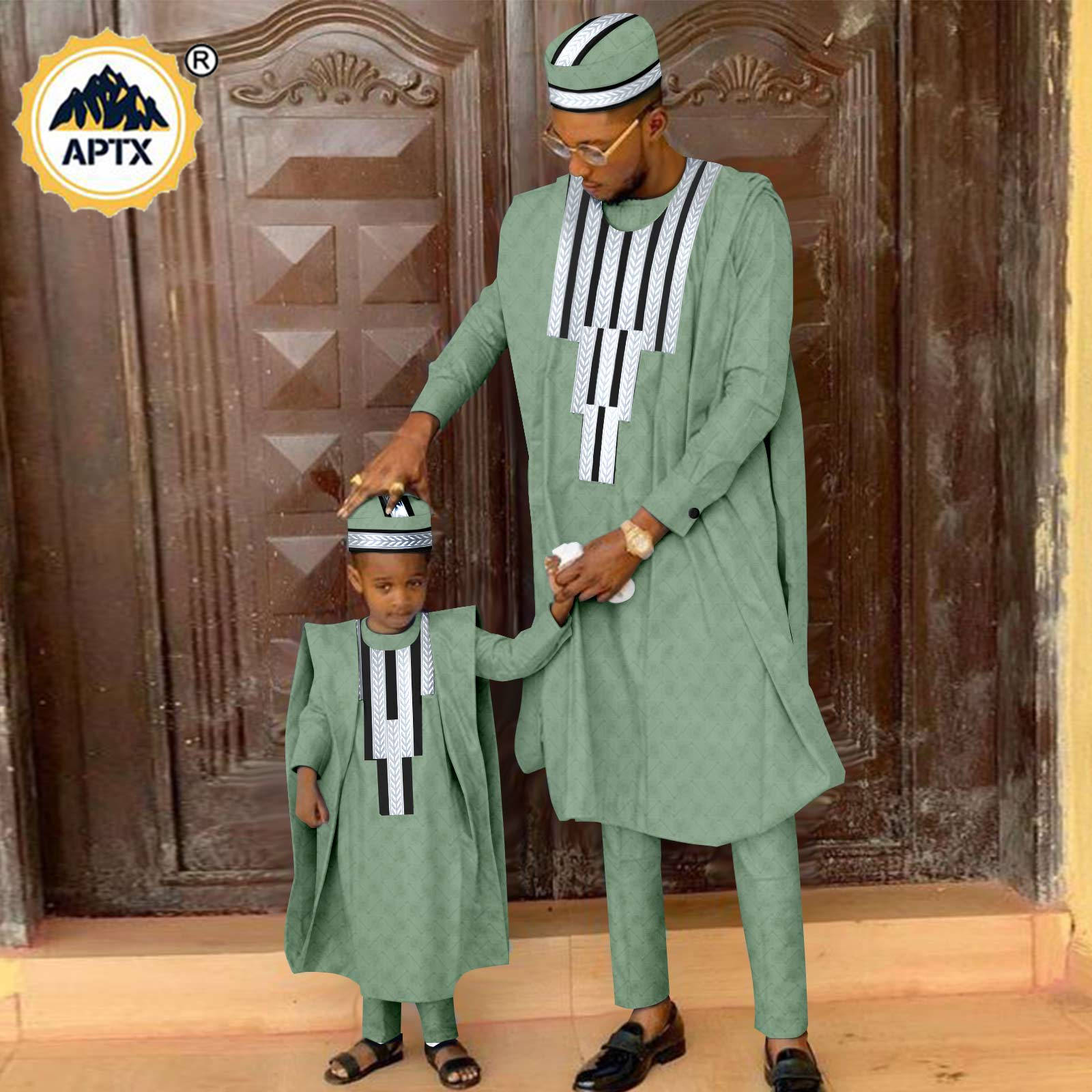 African Matching Outfit for Family Bazin Riche Muslim Sets Dashiki Father and Son Attire Agbada Robe Shirt and Pants Hat Y23F001