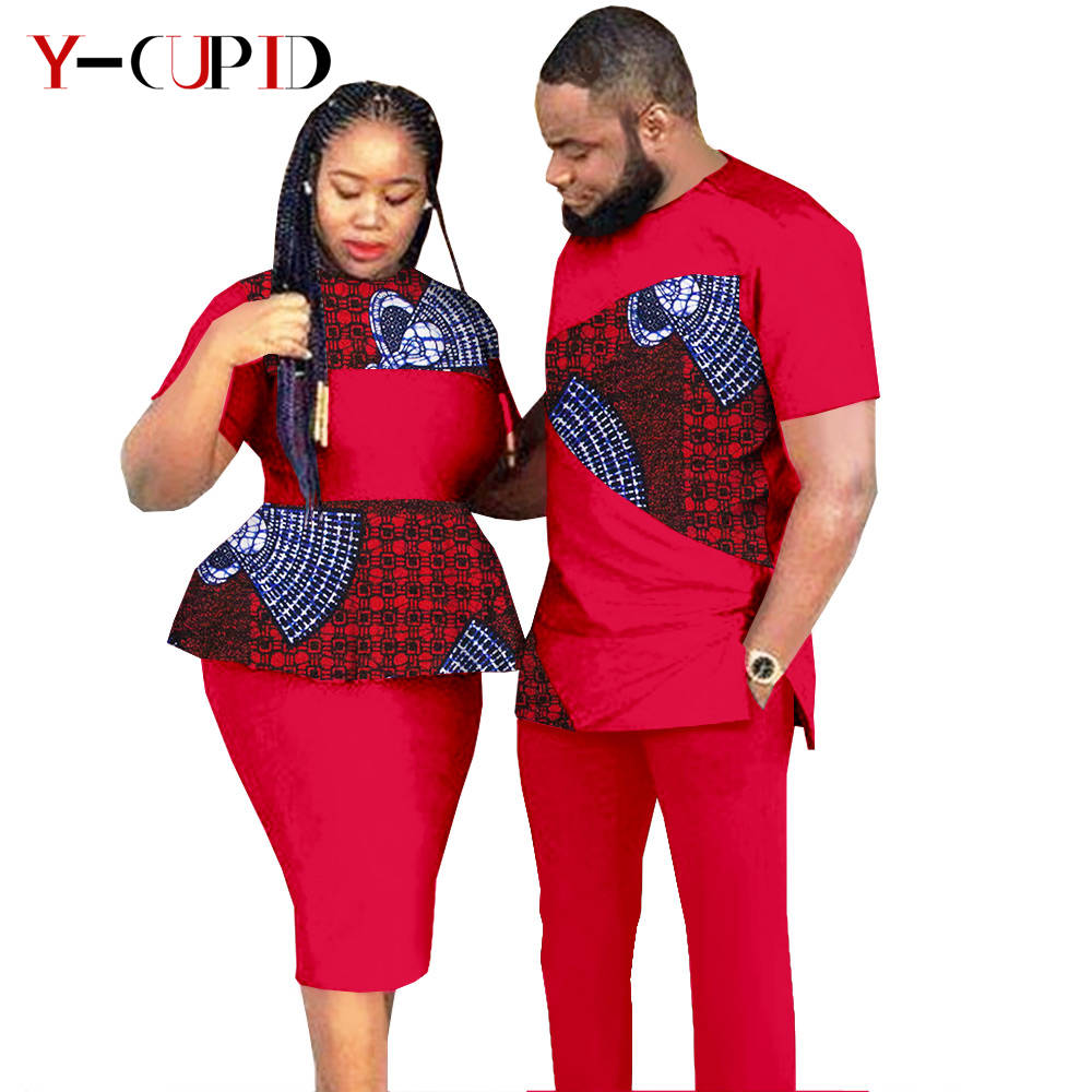 African Clothes for Couples Dashiki Women Patchwork Print Dresses Matching Men Outfit Top and Pants Sets Love Party Wear S20C010