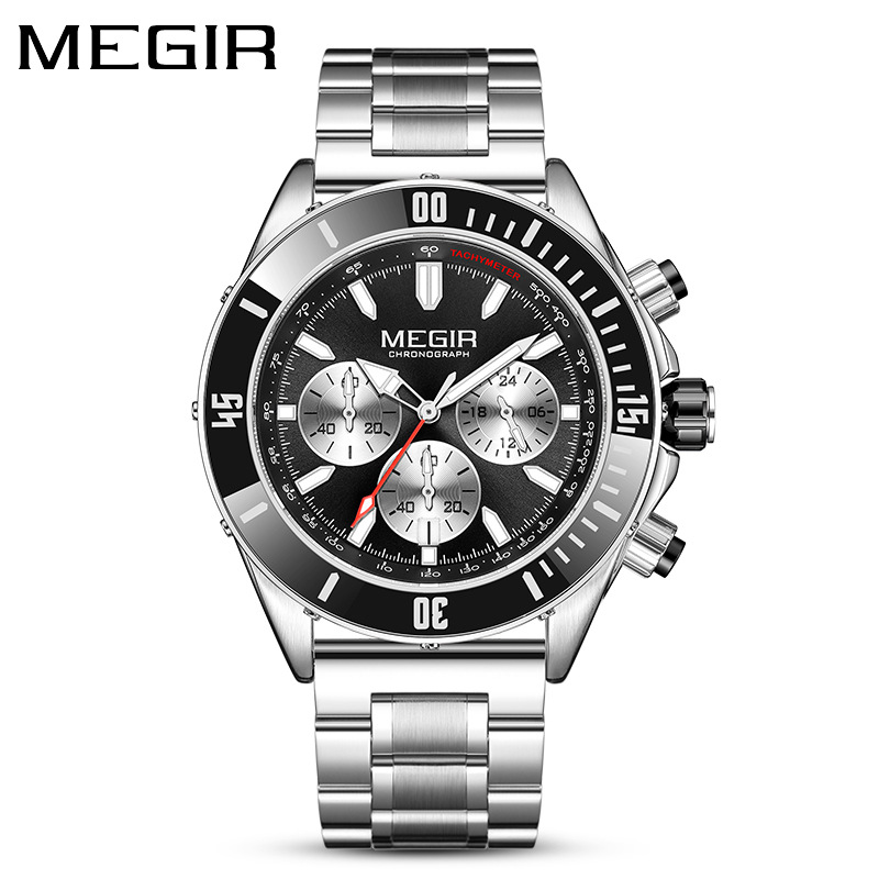 MEGIR 2226 Men Quartz Watch Silver Blue Black Business Chronograph Luminous Wristwatch with Stainless Steel Silicone Strap