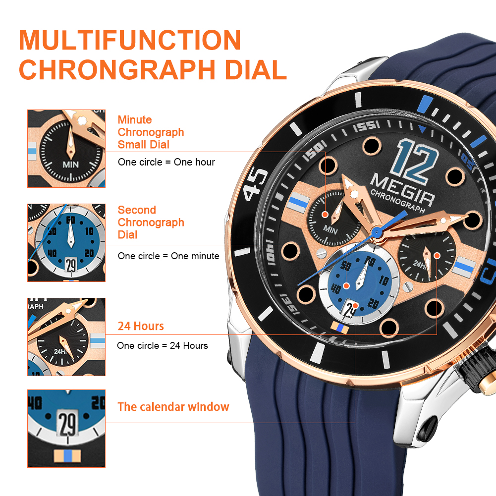MEGIR 2206 Silicone Strap Men's Sport Watches Chronograph Waterproof Calendar Quartz Wristwatch Male Clock Relogio Masculino