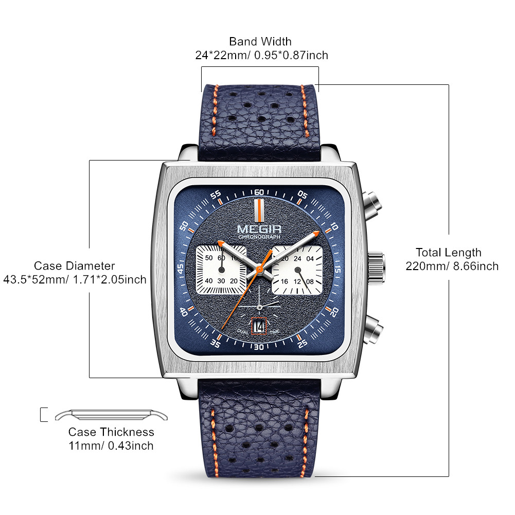 MEGIR Fashion Men Business Watches Chronograph Leather Strap Sport Military Wristwatch Luminous Clock 24-hour Reloj Hombre 2182