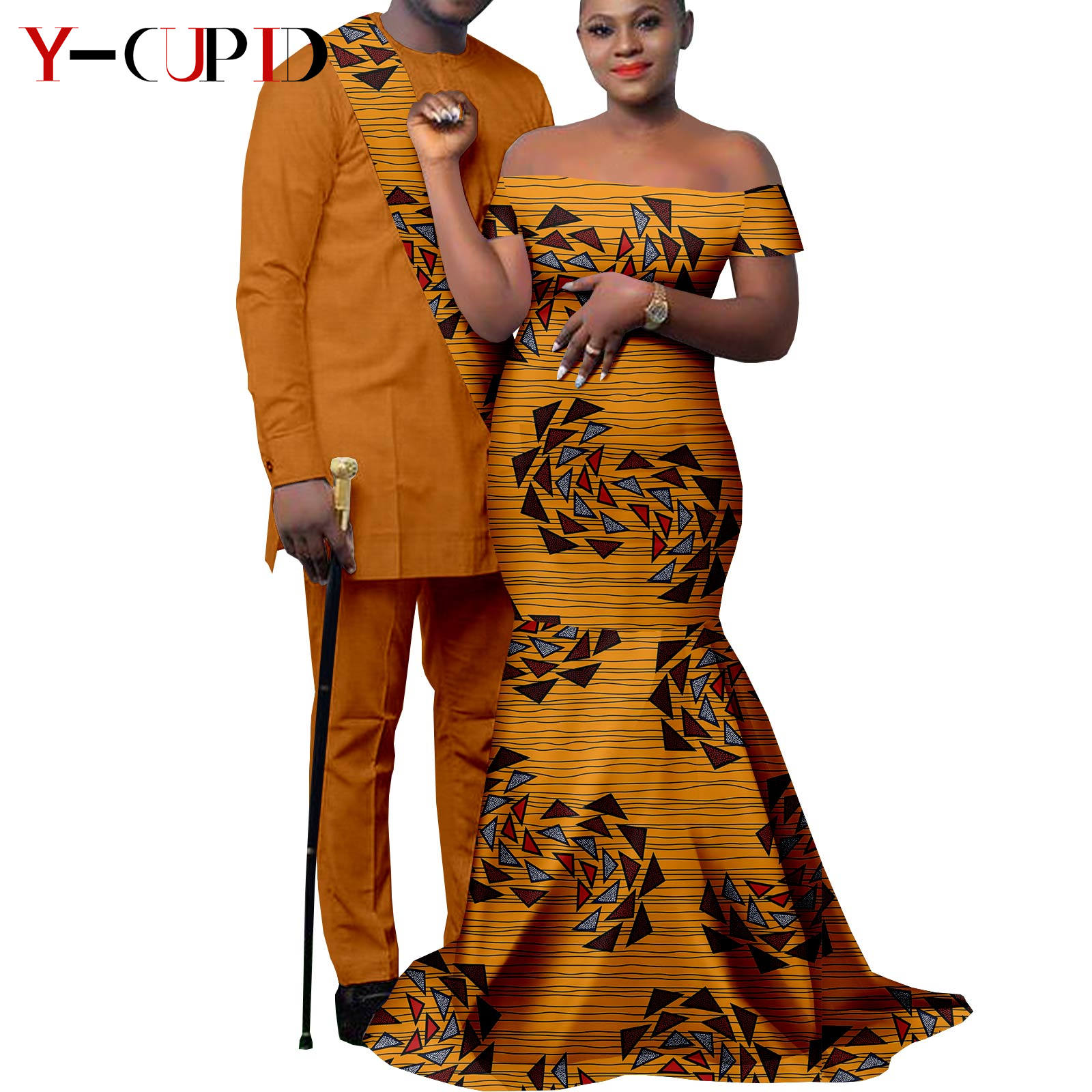 African Clothes for Couples Bazin African Print Long Dresses for Women Match Men Outfits Dashiki Top and Pants Sets Y22C023