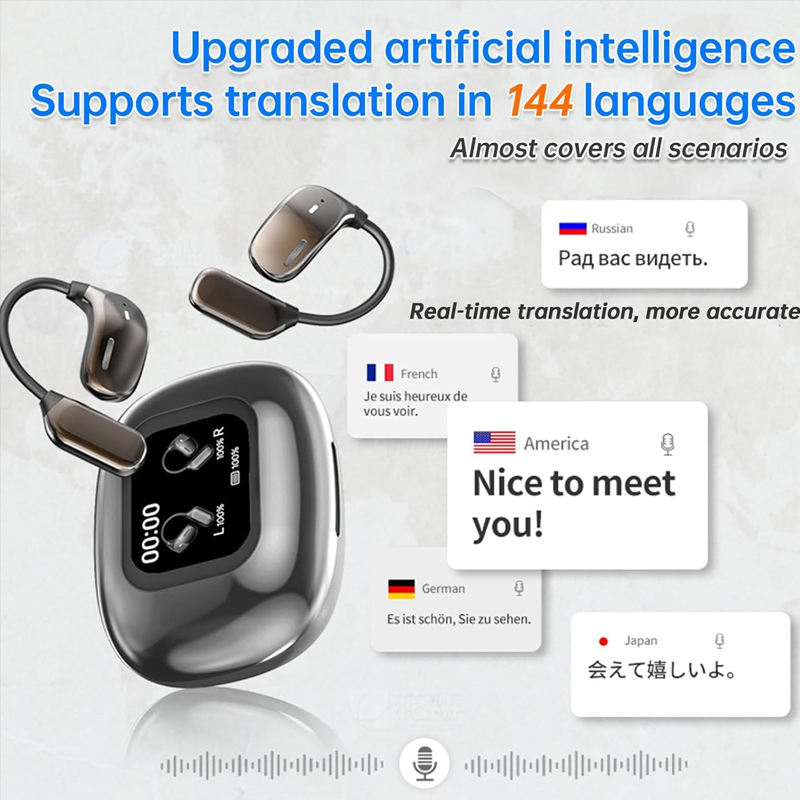 UYUXIO AI Translating Earphone OWS Real Time Translation Earbuds with 144 Languages Ear Buds with LCD Touch Screen Headphone
