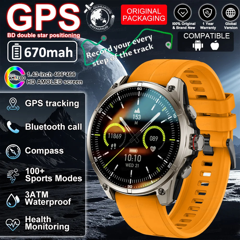 2026 GPS Smartwatch Outdoor Sports Waterproof Flashlight 1.43inch AMOLED Custom dial Call Compass Smart Watches For Android IOS