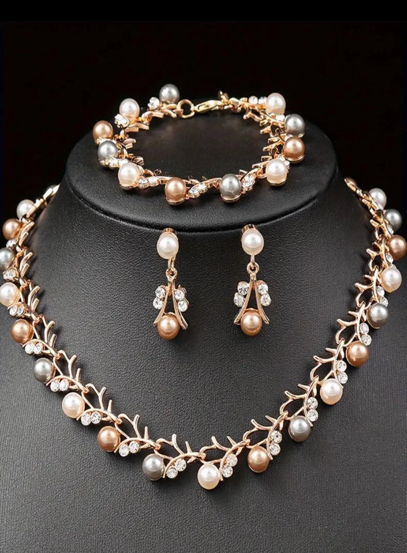 Rose Gold Pearl Jewelry Set - Elegant 3-Piece Necklace Bracelet Earrings with Rhinestone Crystals for Women Wedding Bridal Party