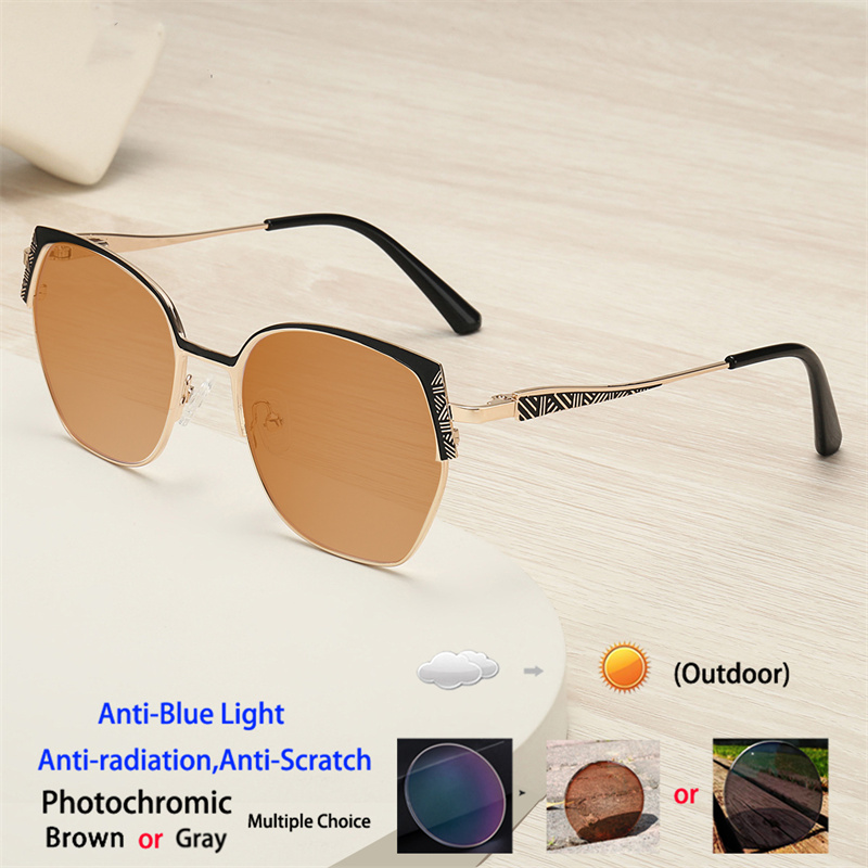 Fashion Brand Design Eyebrows Alloy Frame Photochromic Amblyopia Anti Blue Ray Women Sunglasses Hyperopia Prescription Glasses