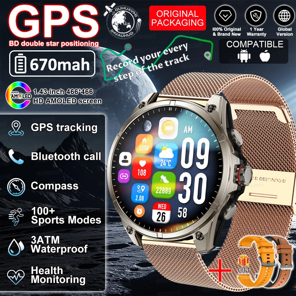 2026 GPS Smartwatch Outdoor Sports Waterproof Flashlight 1.43inch AMOLED Custom dial Call Compass Smart Watches For Android IOS