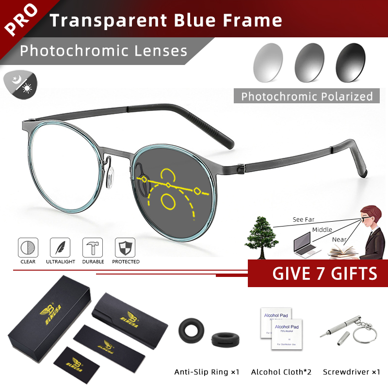 BLMUSA Vintage Round Optical Frame Anti Blue Light Reading Glasses for Men Ultralight Titanium Progressive Photochromic Glasses