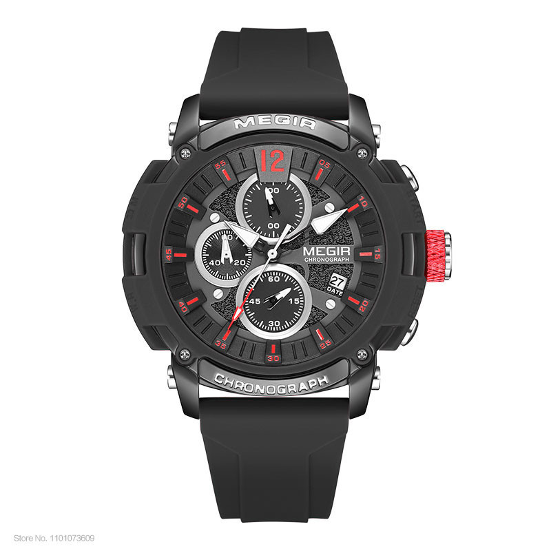 MEGIR Red Watches Men Military Sport Chronograph Quartz 3atm Waterproof Wristwatch with Auto Date Silicone Strap Luminous Hands