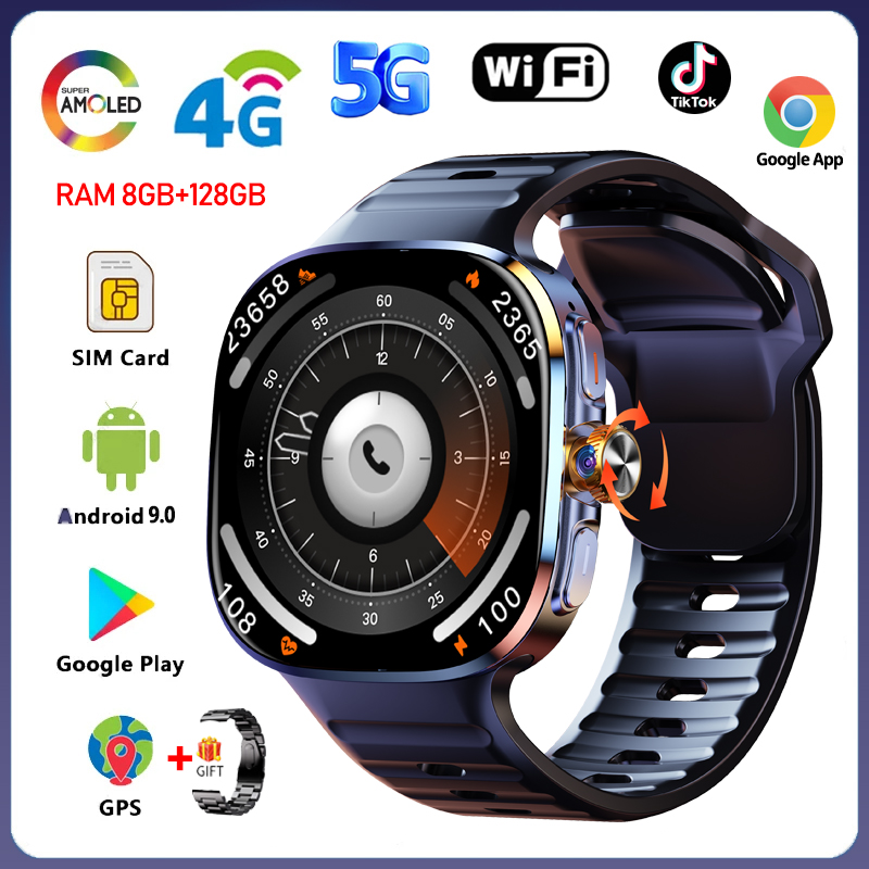 5G/4G Android 9.0 Smart Watch 2.40 inch 720*720 AMOLED HD 900W Camera Call 8GB+128GB RAM 2100mAh GPS WIFI Google APPS Smartwatch