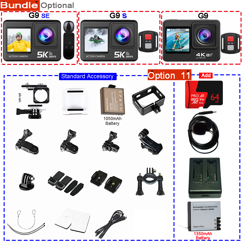 Action Camera 5K 4K60FPS 50MP 2.0 Touch EIS Pre-Record Wireless Mic Wi-Fi 170D DVR Webcam Waterproof 30M 5X Zoom Sports Camera