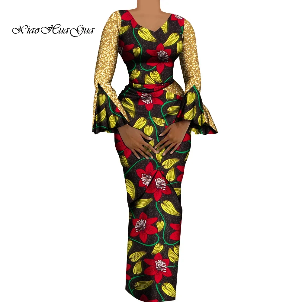 Women African Outfits 2 Pieces Set Shiny Flare Sleeves V Neck Tops and Long Pencil Skirts African Clothes for Women WY9972