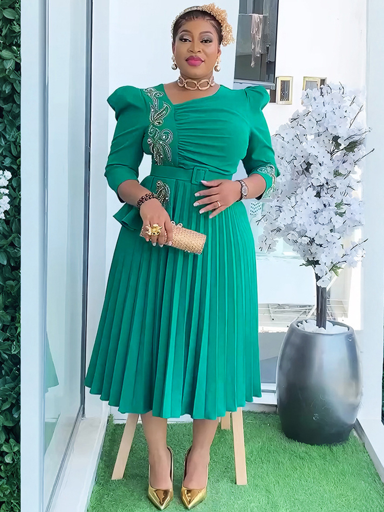 African Party Evening Dresses For Women Dashiki Pleated Maxi Robe Elegant Office Ladies Overalls 2025 Turkey Africa Clothing