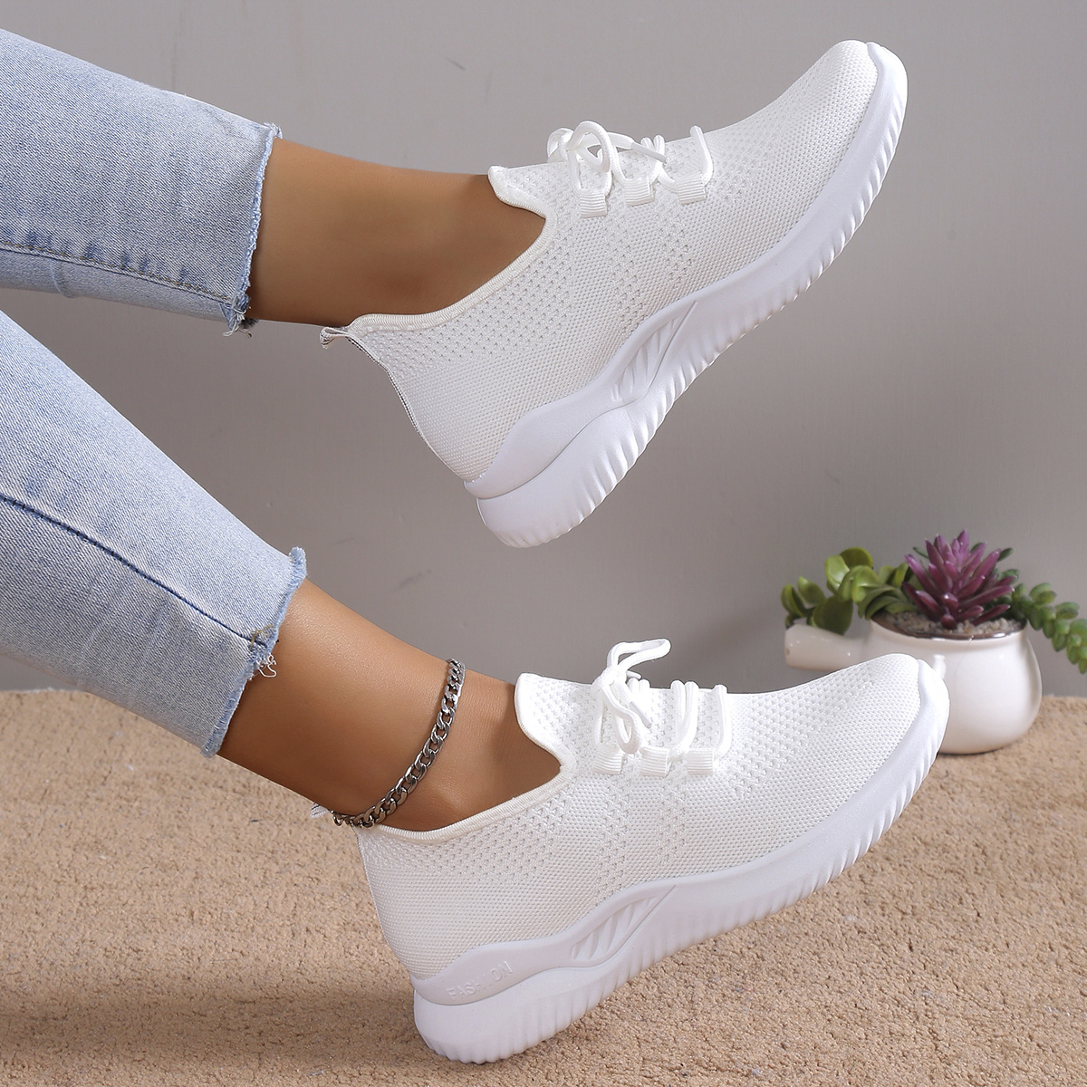 Women Sneakers Fashion Lace Up Mesh Breathable Outdoor Walking Small White Shoes Round Toe Non-slip Thick Sole Tennis Shoe Mujer