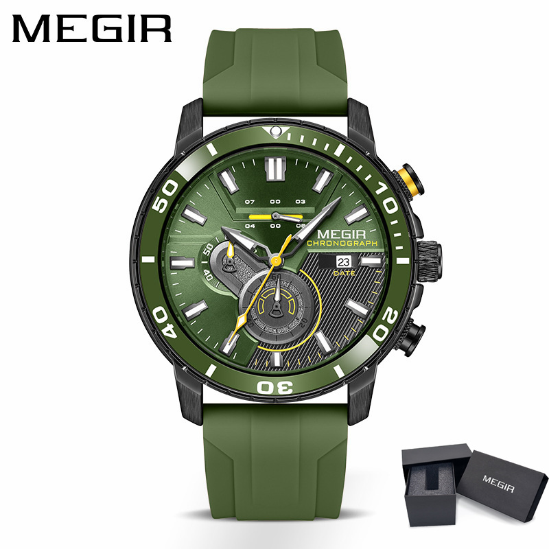 MEGIR 2224 Men Quartz Watch Sport Fashion Creative Cool Orange Silicone Strap Chronograph Luminous Date Wristwatch for Male