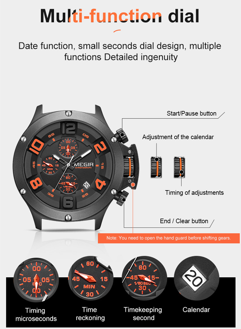 MEGIR Fashion Sport Quartz Watches for Men Big Dial Watch Chronograph Waterproof Luminous Military Wristwatches Date Clock 8115
