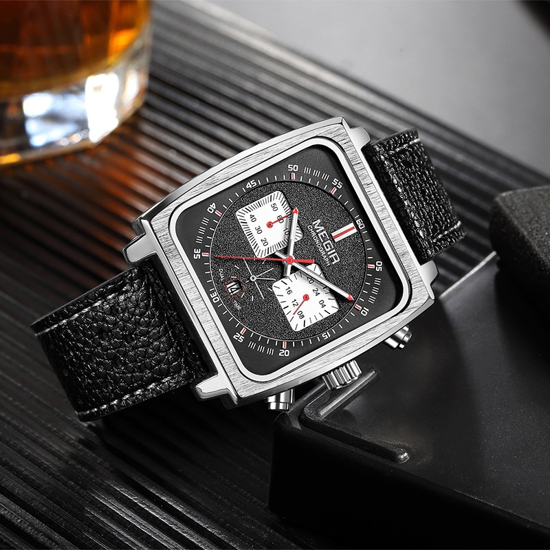 MEGIR 2182 Blue Black Square Dial Men's Casual Sports Leather Strap Date Waterproof Night Light Retro Design Men's Quartz Clock
