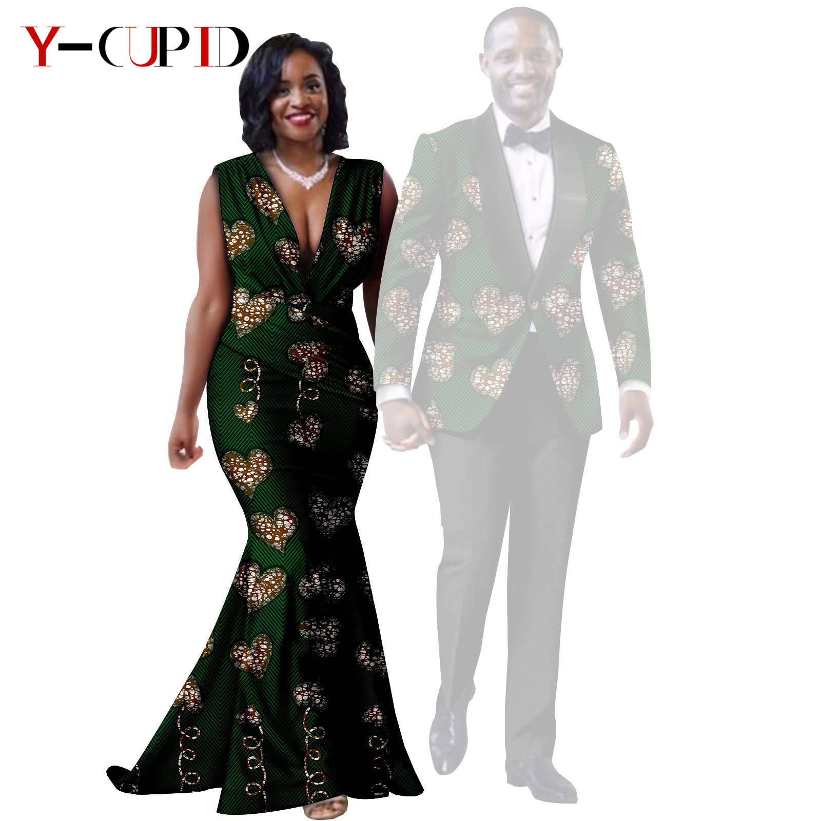 African Print Long Mermaid Dresses for Women Matching Couple Clothes Men Suits Top and Pant Sets Dashiki Party Wedding 25C005