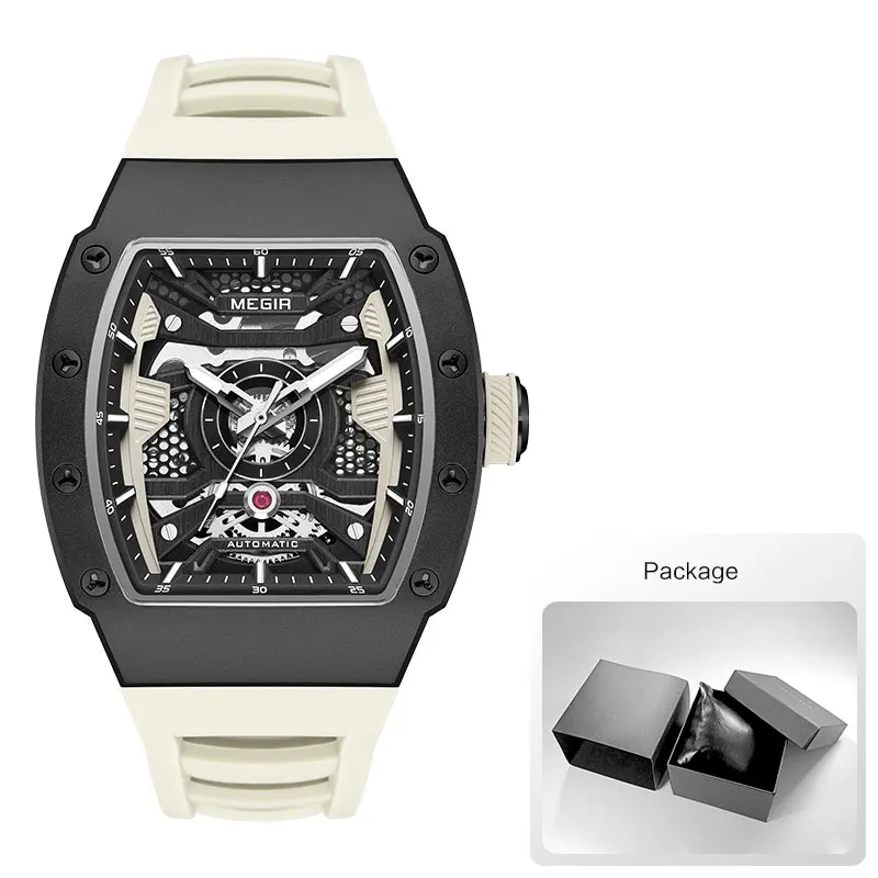 MEGIR 8604 Men's Wine Barrel Automatic Mechanical Watch Fashion and Leisure Silicone Strap Fashion Night Light Watches for Man