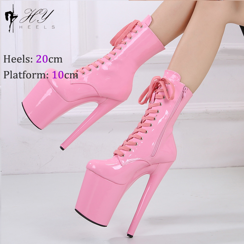 Sexy Pink Patent 8 Inch High Heel Platform Pole Dancing Boots Women Knight Ankle Boot NightClub Stripper Show Shoes