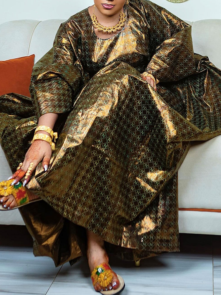 African Dress for Women Ankara Boubou Kaftan Ramadan Eid Party Wear Long Maxi Dresses with Scarf African Print Cotton Brocade