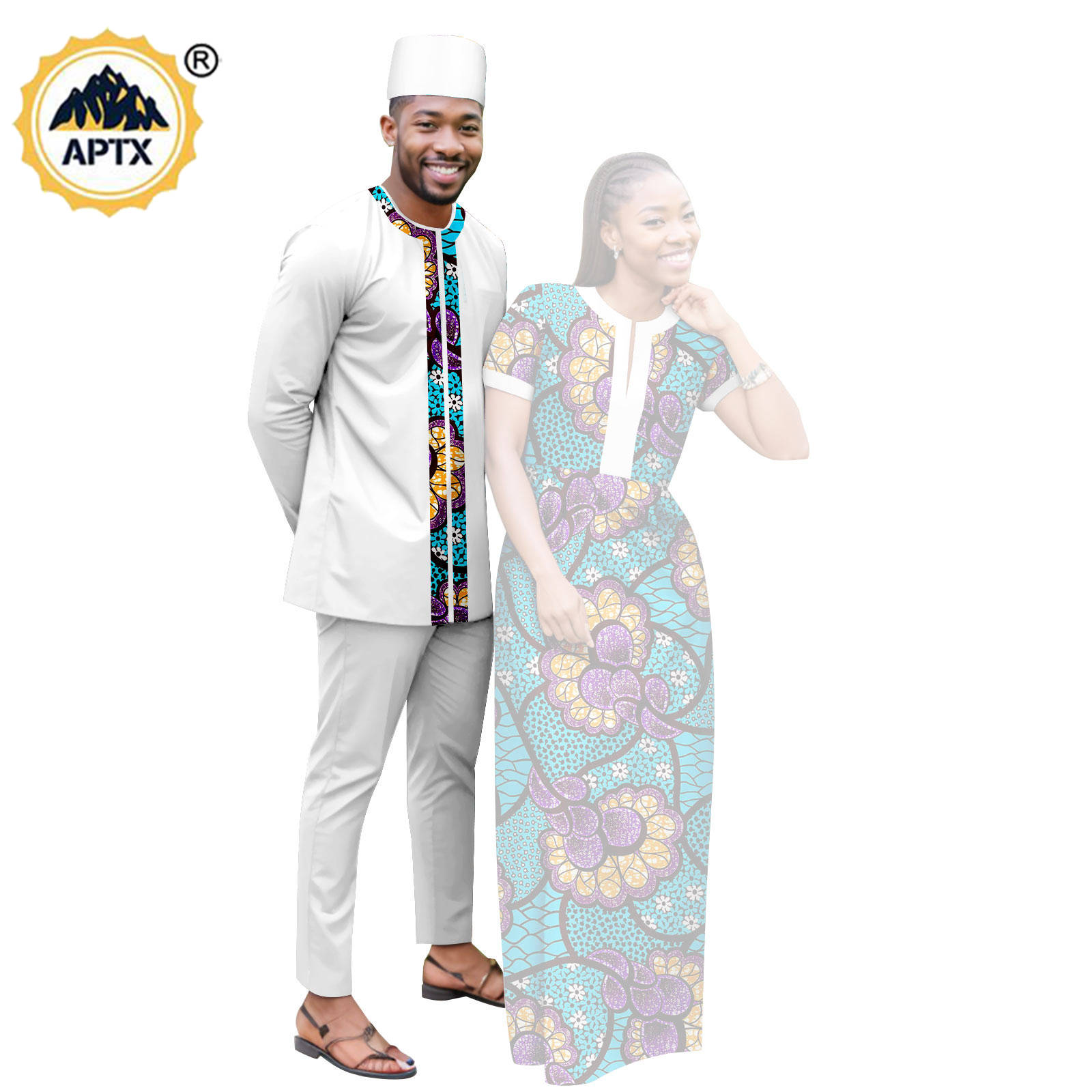 Dashiki African Clothes Print Long Dresses for Women Matching Couple Outfits Bazin Riche Men Hat Top Tee and Pant Sets Y23C119